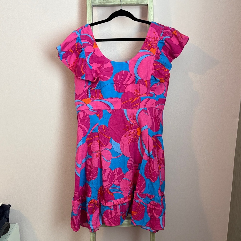 Tuckernuck Pink and Blue Floral Ruffle Mini Dress
